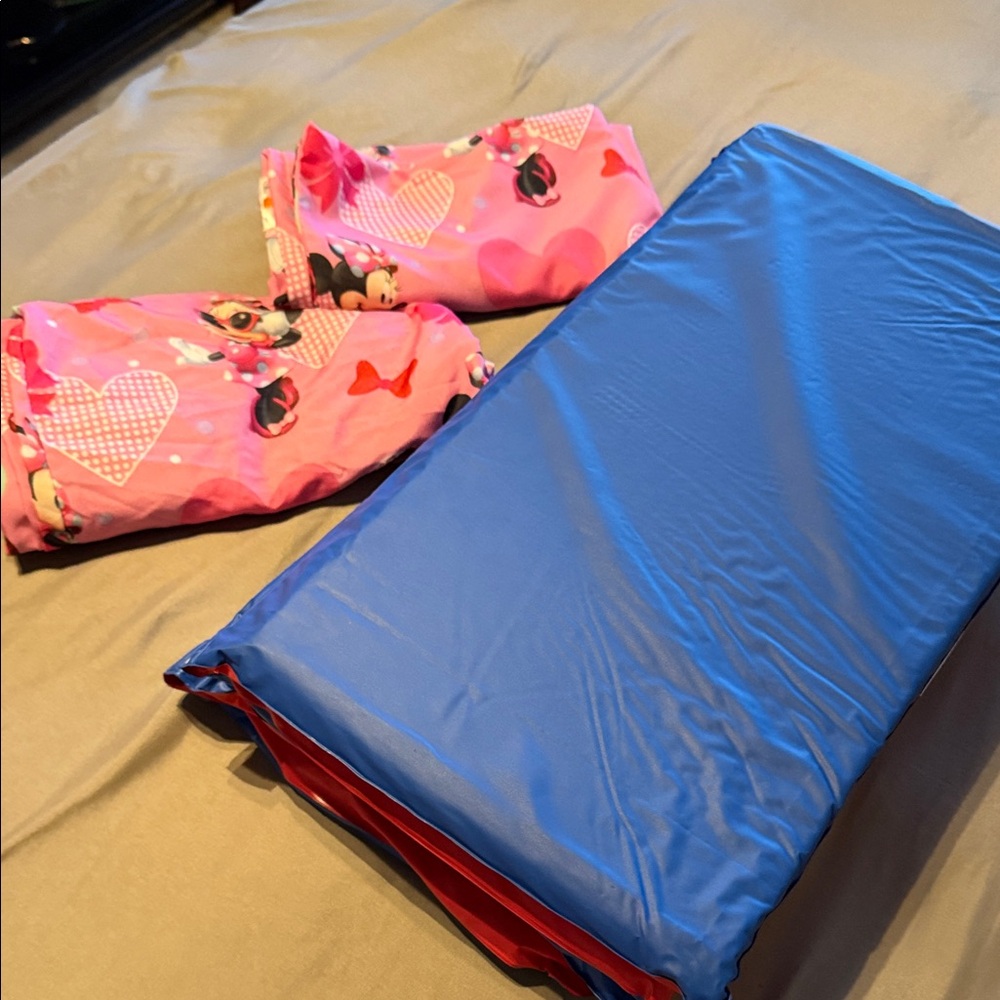 Pink Minnie Mouse sheet  Set with Blue and red Folded Sleeping Mat